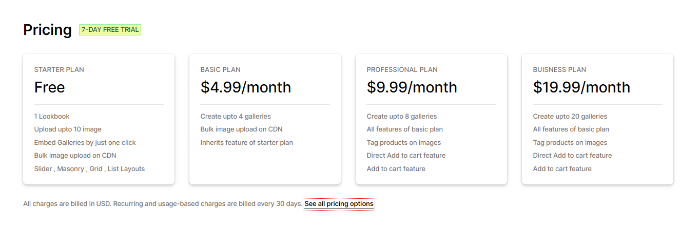 Lookbook Shop by Gallery Ace by Zoomy pricing plan